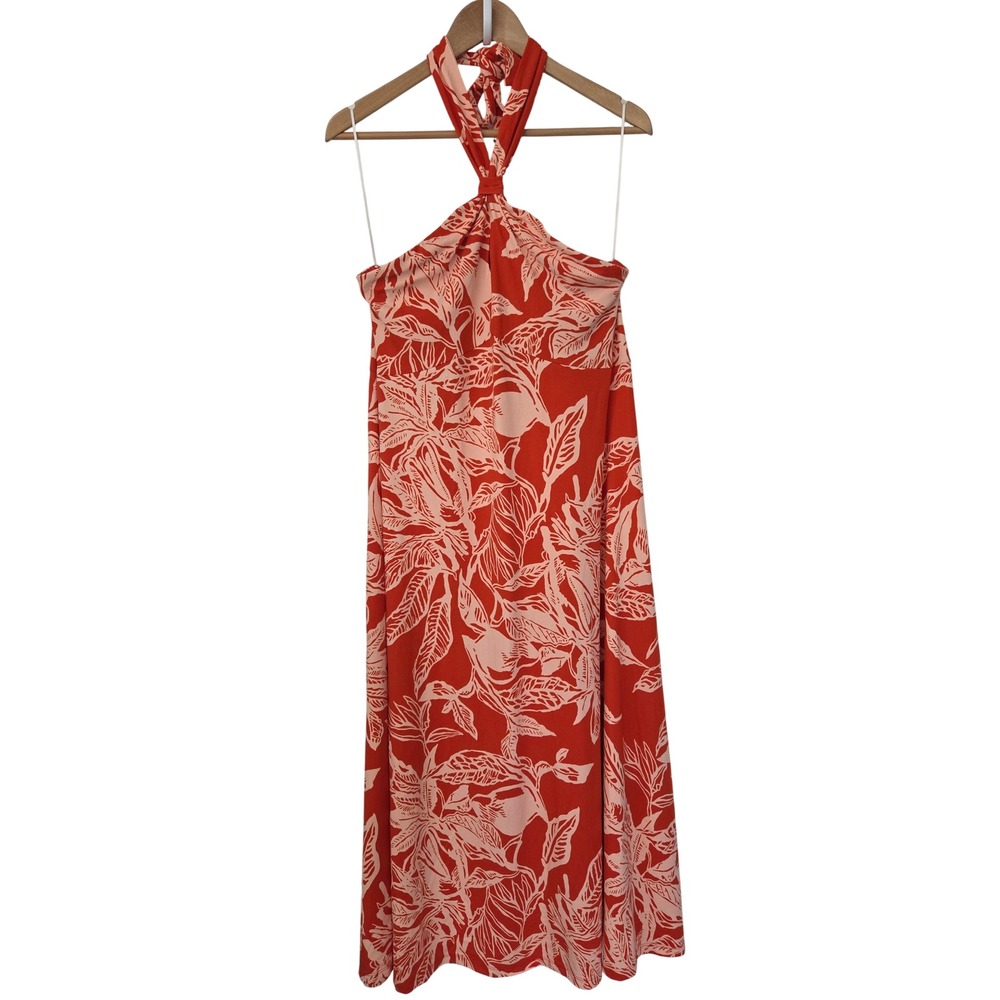 Lands End Halter Midi Dress Tropical Leaf Women L 14-16 Orange NWT 552531